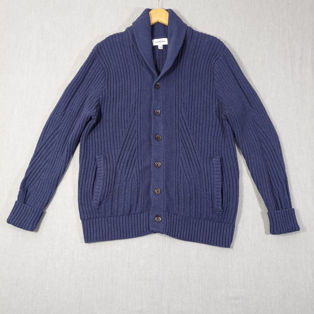 Goodfellow Chunky Knit Cardigan‎ Mens L Navy Shawl Collar Button Sweater Pockets